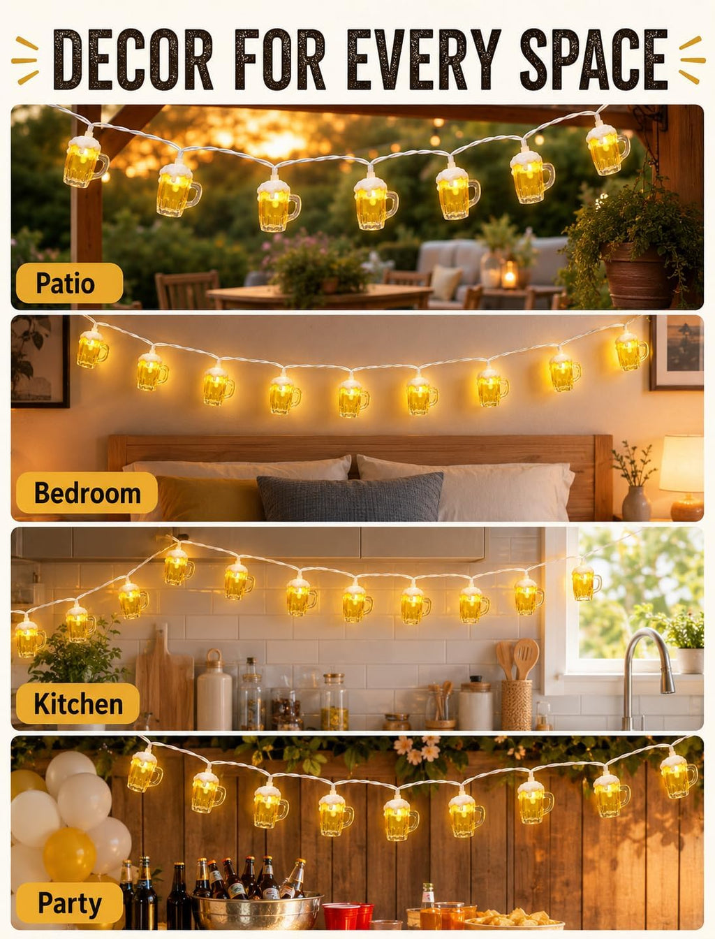 Beer String Lights Outdoor, 12.5FT Summer Decorative Camping String Lights with 10 3D Beer Mug Lights, Plug in Connectable Novelty Fairy Lights for Tropical Themed Wedding Bistro Bar Party Decor