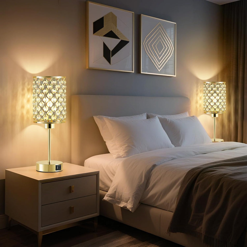 GyroVu Gold Crystal Bedside Table Lamps Set of 2 with USB C+A Ports