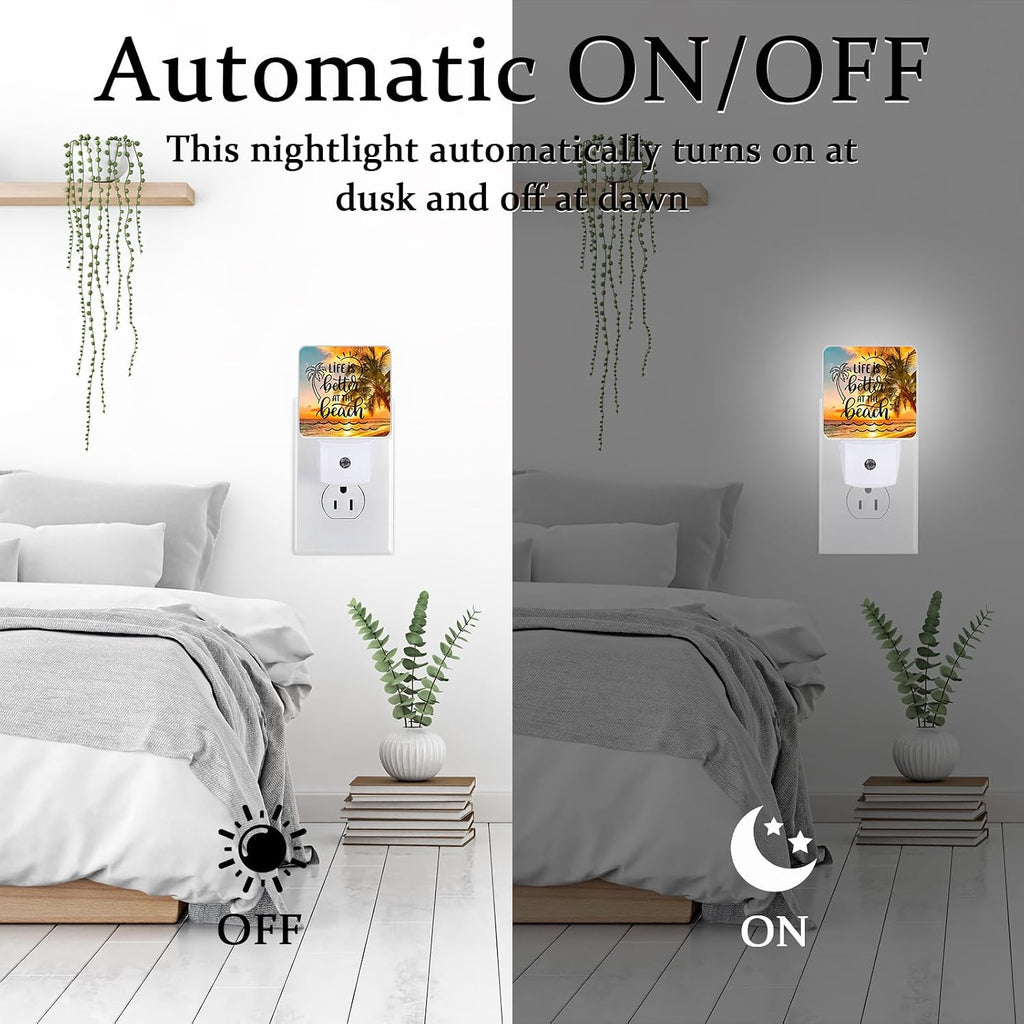 Sea Beach Palm Tree Night Light, Plug-into Wall Life is Better at The Beach Nightlight Lamp with Dusk to Dawn Sensor, Led Lamp 0.5W Energy Efficient for Boys Girls Adults Home Decor