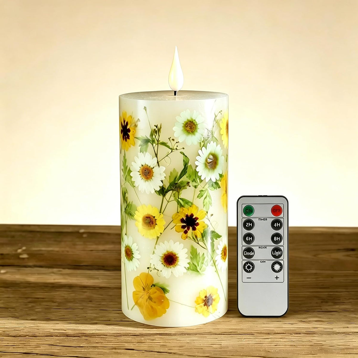 Spring Flameless Candles 3"x6" Real Wax LED Pillar Candles Real Daisy Floral Battery Operated with Remote Timer Flickering Candles Decor for Easter Mothers Day Home Table Mantel Indoor Decor