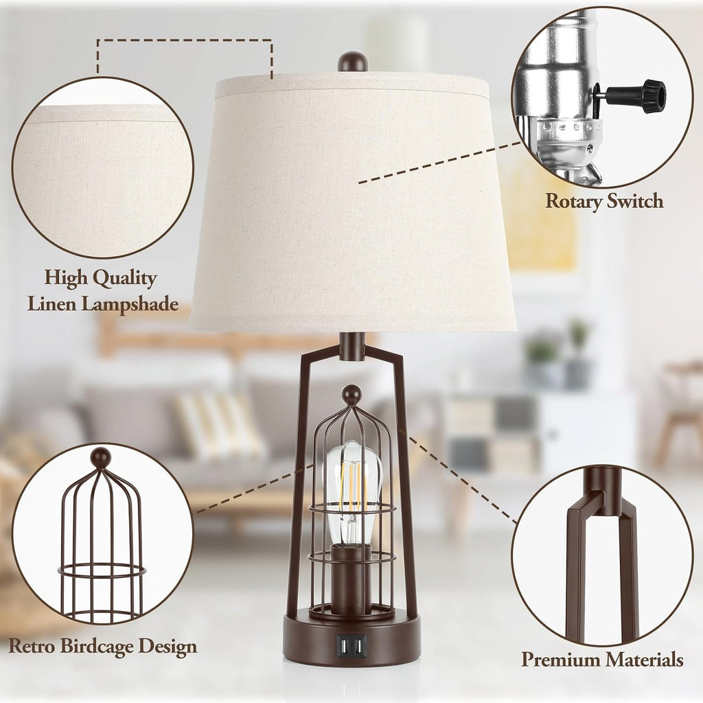 Brightever Farmhouse Table Lamps with 2 USB Ports, Set of 2 Rustic Industrial Desk Lamp for Living Room, 2-Light with Beige Lampshade for Bedside, Bedroom, Nightstand, House Decor, Reading(Bronze)