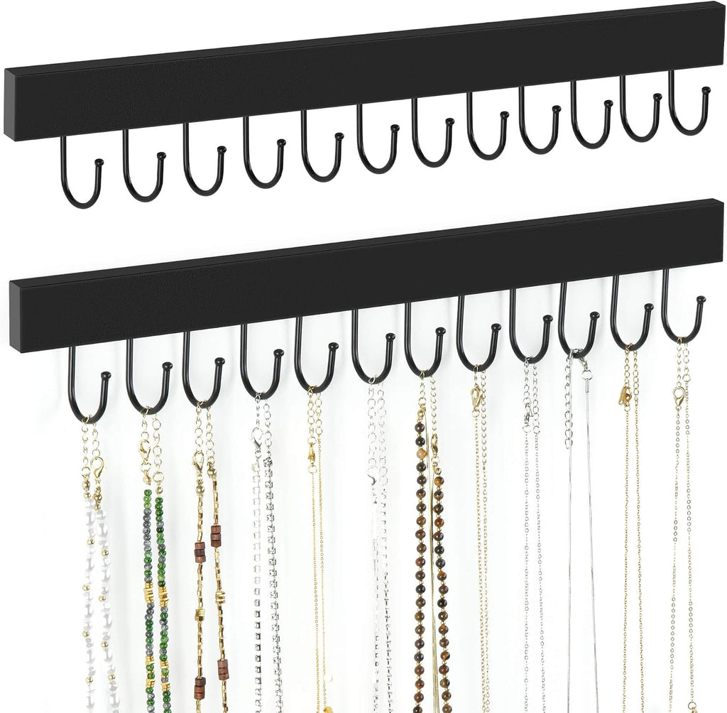 ZEDODIER 2 Pack Necklace Organizer Wall Mount, Wooden Jewelry Hanger Necklace Holder with 24 Hooks,Hanging Jewelry Organizer, Black