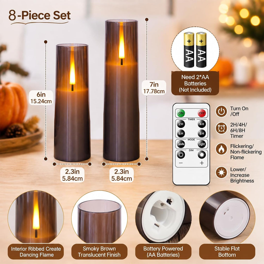 MUMCHASI 8 Packs Flameless Candles, Battery Operated with Remote, Arcylic Ribbed LED Flickering Candles, Realistic Dancing Flame Pillar Candles Vintage Decor for Home, Wedding, Gifts D2.2 (Grey)
