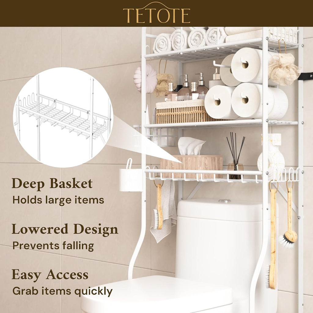 TETOTE Over the Toilet Storage Cabinet, 3-Tier White Bathroom Shelves Over Toilet with Toilet Paper Roll Holder, Freestanding Metal Rack