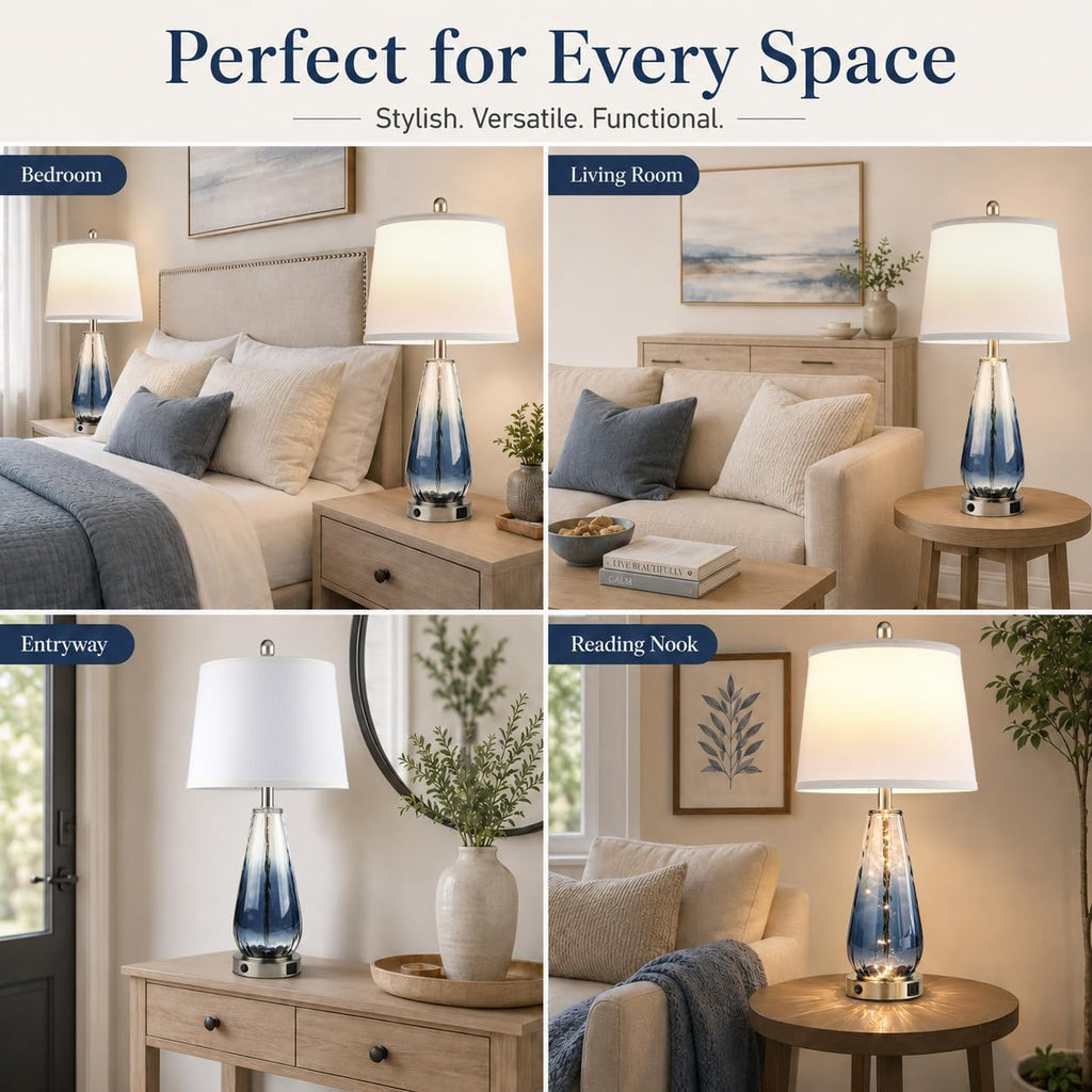 27'' Blue Table Lamps Set of 2, Large Glass Lamps, Modern Coastal Lamps