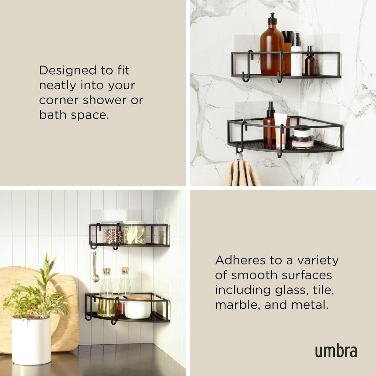Umbra Cubiko Shower Caddy, Metal Corner Shelf with Adhesive, Black