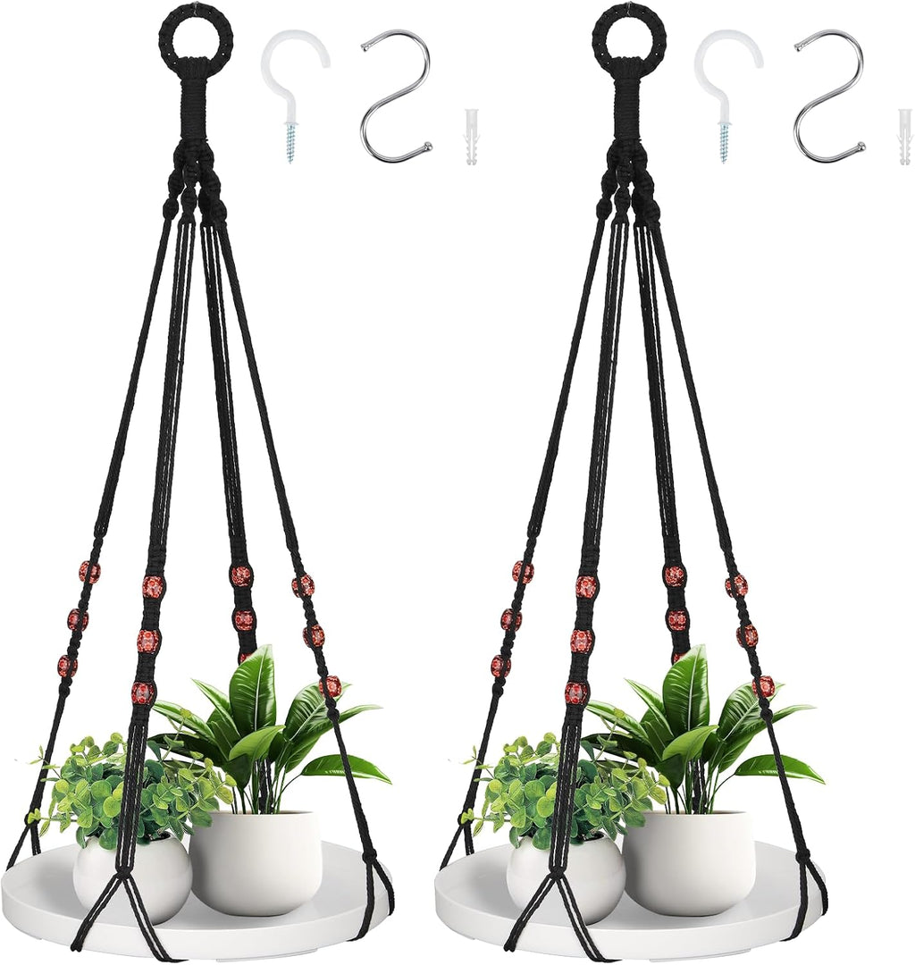 GREANER 2 Sets Hanging Plant Shelf, Black Indoor Hanging Plant Stand with Large Plastic Tray, Flower Pot Holder for Succulents, Cacti, Small Plants