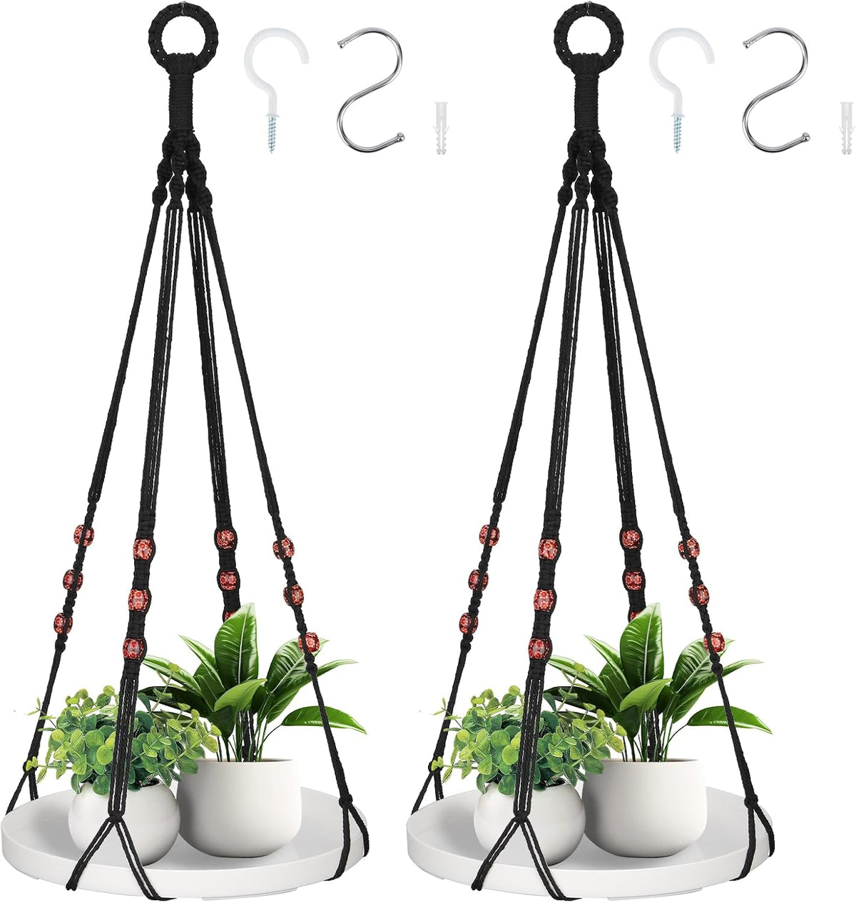 GREANER 2 Sets Hanging Plant Shelf, Black Indoor Hanging Plant Stand with Large Plastic Tray, Flower Pot Holder for Succulents, Cacti, Small Plants