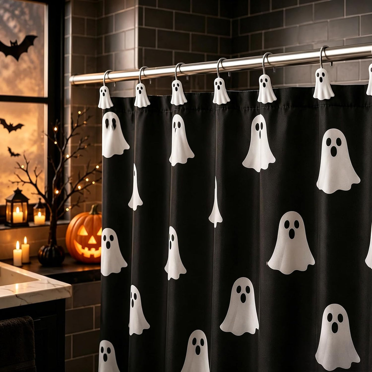 Weysat 12 Pcs White Ghost Halloween Shower Curtain Hooks Bathroom Decor