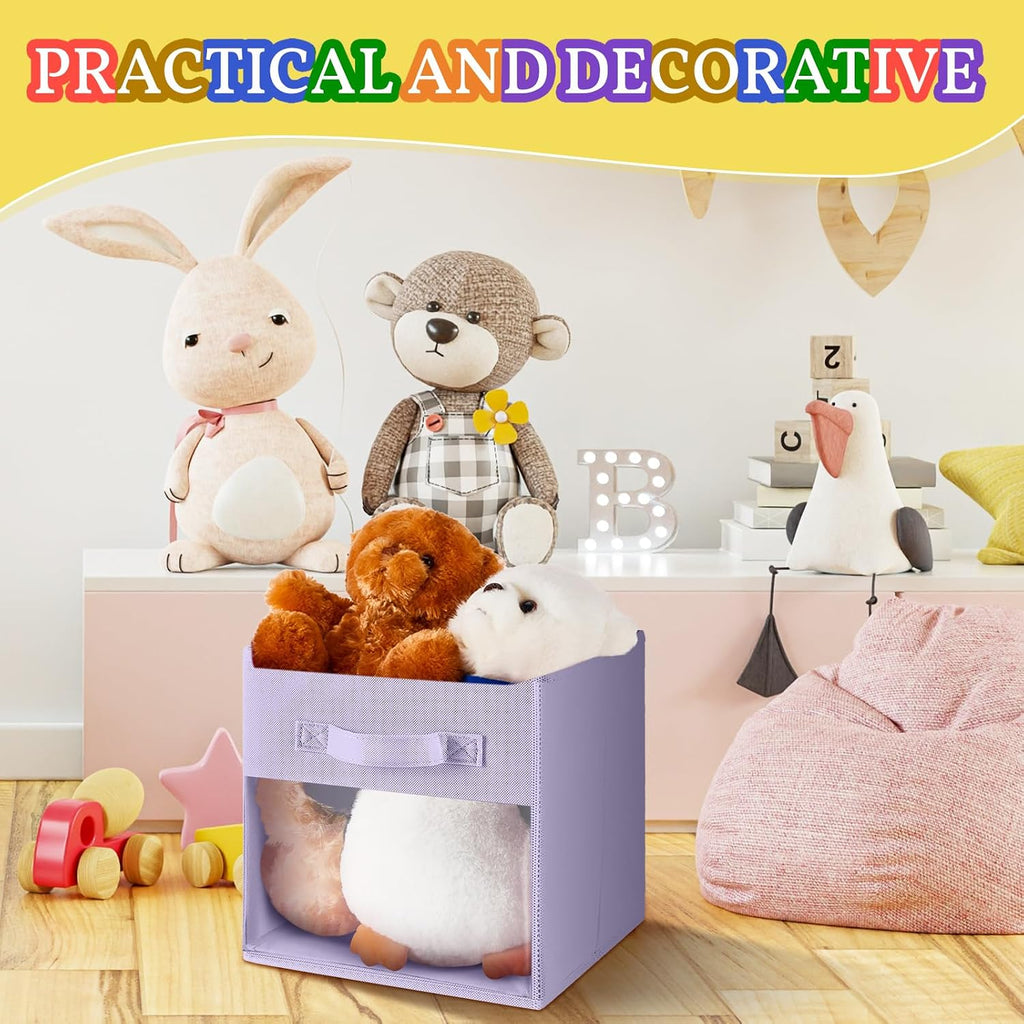 Marsui 12 Pcs Clear Cube Storage Bins Pink Collapsible Kids Storage Bins Fabric Classroom Organizer with Window for Kid Playroom Room Daycare Nursery(Pastel)