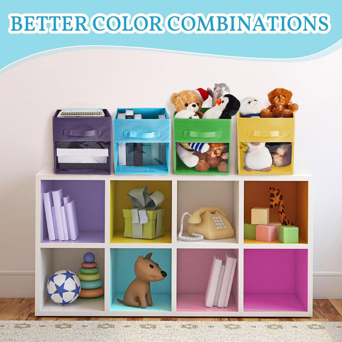 Marsui 8 Pcs Cube Storage Bins with Clear Window 11'' Daycare Storage Cube Organizer Bins for Closet Kid Nursery Playroom with Handle Fabric Collapsible Storage Cubes(Dark Blue, Yellow, Green, Blue)