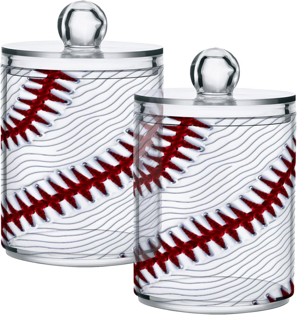 Sport Baseball Print 2 Pack Qtip Holder Dispenser Clear Plastic Apothecary Jar with Lid Bathroom Organizer Vanity Makeup Storage Containers for Cotton Ball, Cotton Swab, Floss