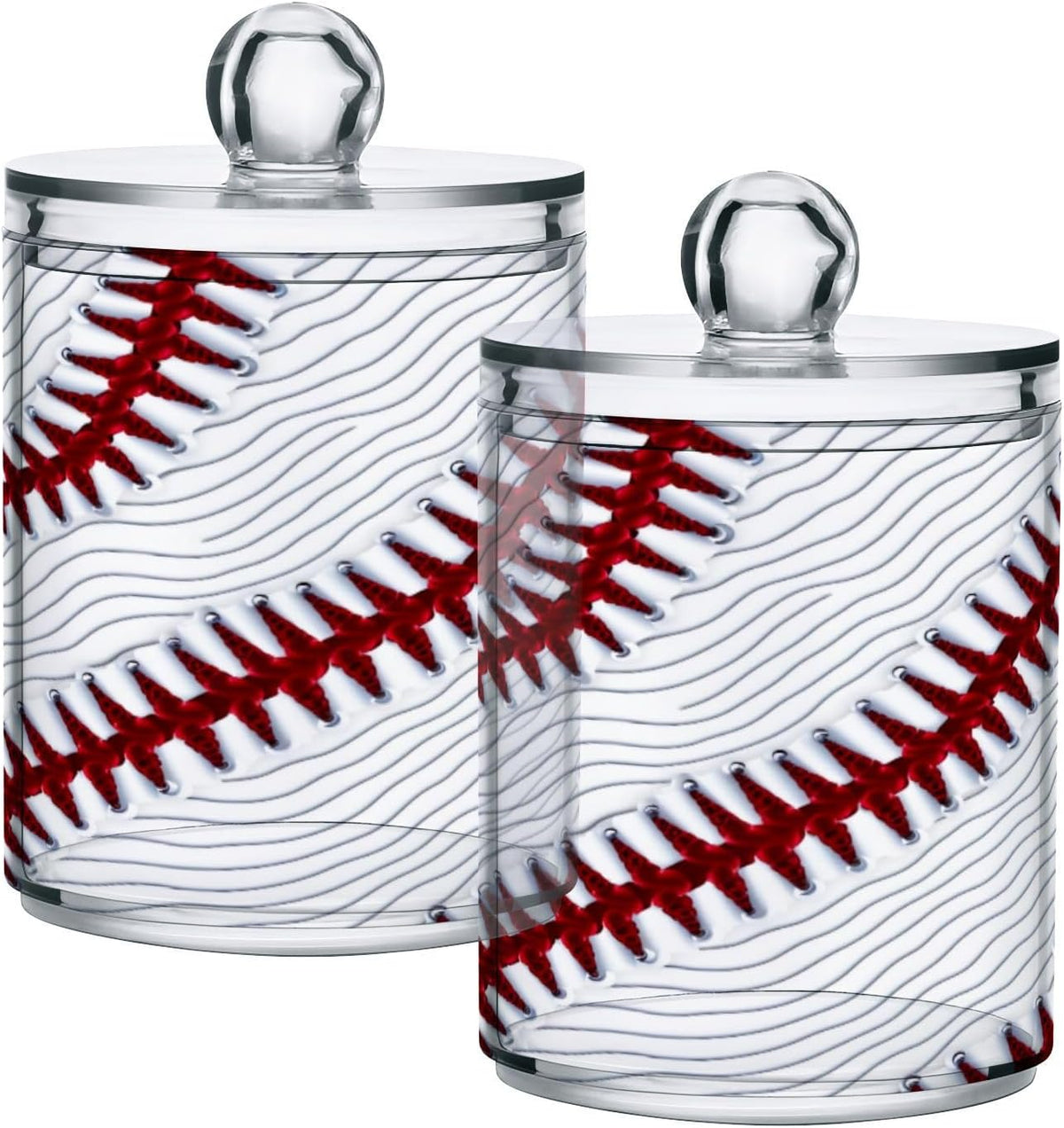 Sport Baseball Print 2 Pack Qtip Holder Dispenser Clear Plastic Apothecary Jar with Lid Bathroom Organizer Vanity Makeup Storage Containers for Cotton Ball, Cotton Swab, Floss