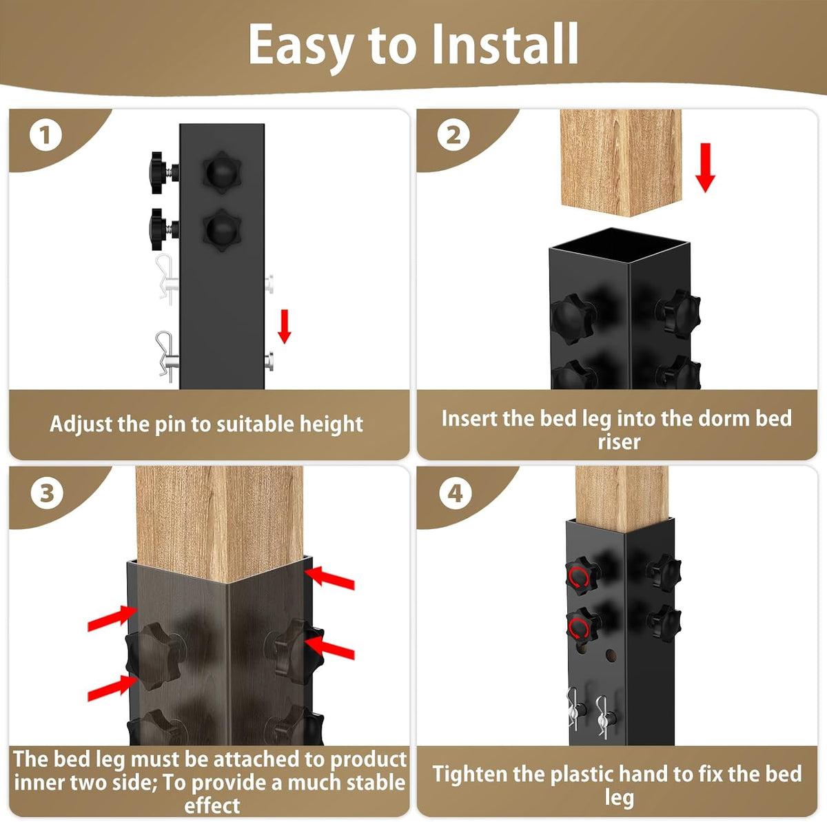 Up Grade 4 Pack Carbon Steel Dorm Bed Riser 2.4" Diameter Metal Bed Riser for Square Wooden Bed Frame, Table Adjustable to 3.2", 5.1", 8.1" or 11.2" Height (for Bed Leg 2.3-3.1")