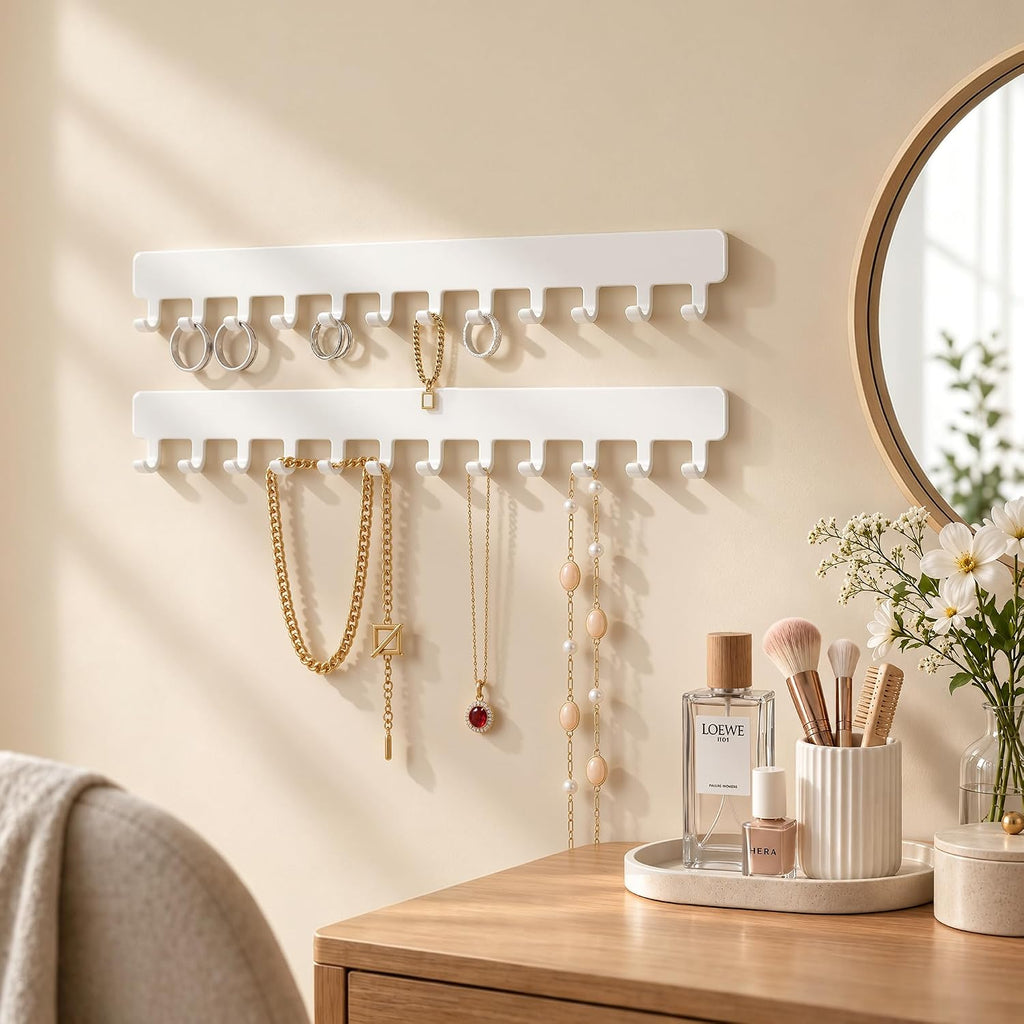 Self-Adhesive Necklace Holder, Wall Mounted Jewelry Organizer, White