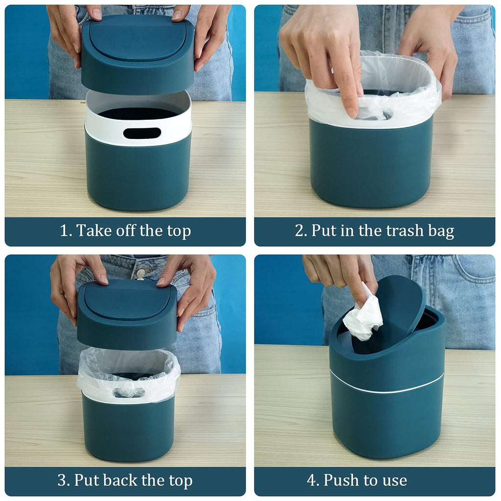 Mini Desk Trash Can with Swing Lid, 0.5gal, Includes 180 Bags, Blue