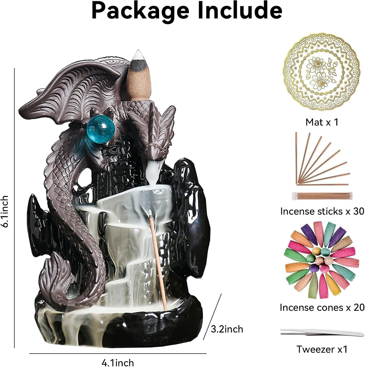 Ceramic Backflow Incense Holder Waterfall Burner, Dragon Design