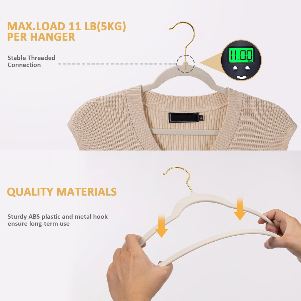 Heavy Duty Velvet Hangers 30 Pack - Non-Slip, Space-Saving Clothes Hangers for Coat/Suit with 360° Rotating Gold Hooks, Durable Premium Felt Hanger for Closet Organization- Ivory
