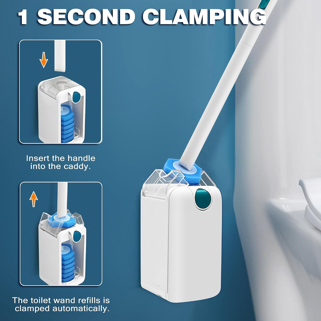 NEWE Disposable Toilet Brush, Toilet Bowl Wand Holder Set with Upgraded Clamping System, 16PCS Cleaner Refills, Bathroom Cleaning Tool for Sink Bathtub Drain Wash Basin Urinal