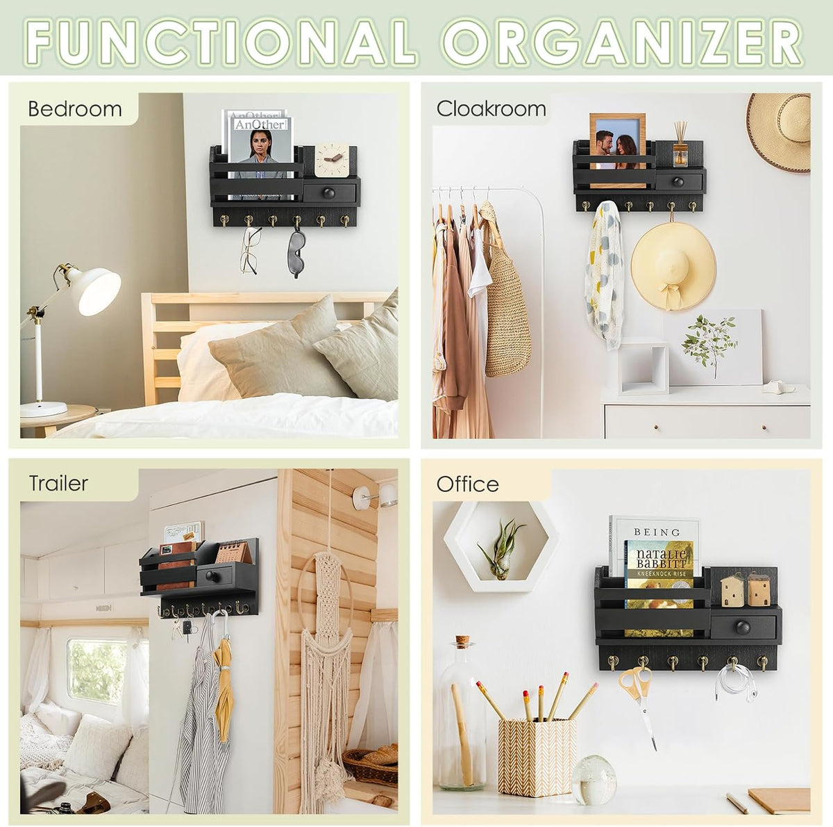 VIS'V Key Holder Wall Mount, Wooden Mail and Key Organizer, Black
