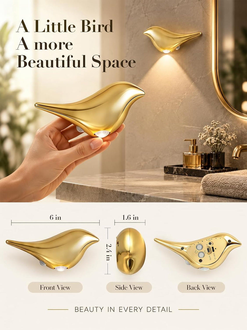 Cordless Gold Wall Lights for Bathroom: Decorative Bird Sculpture 2 Pack