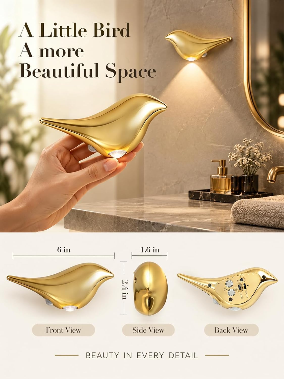 Cordless Gold Wall Lights for Bathroom: Decorative Bird Sculpture 2 Pack