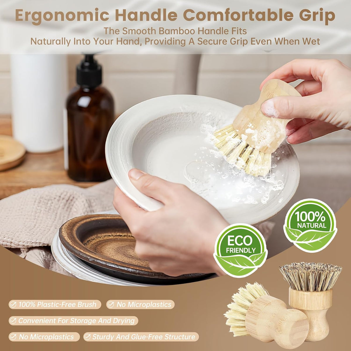 DEBETOOL Bamboo Dish Brush, 2-Pack