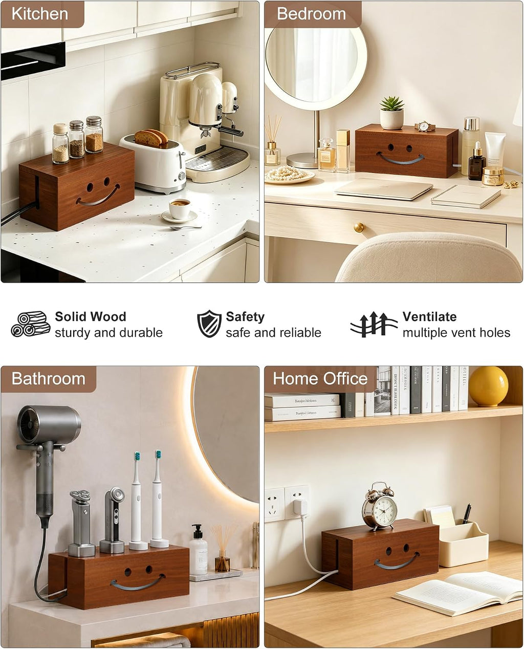 Solid Wood Cable Management Box, Cute Smile Cord Hider Box for Desk