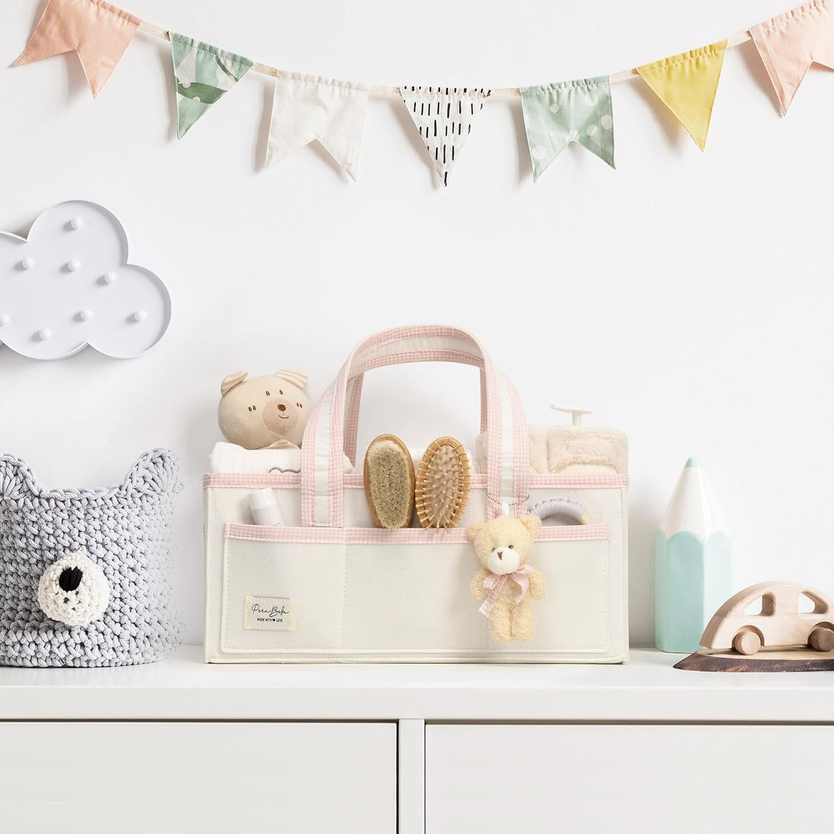 PeraBella Baby Diaper Caddy Organizer, XL Baby Basket Shower Gift Caddy, Portable Felt Changing Table Basket, Nursery Storage Bin, Newborn Boy and Girl Essentials for Registry, Car Diaper Organizer