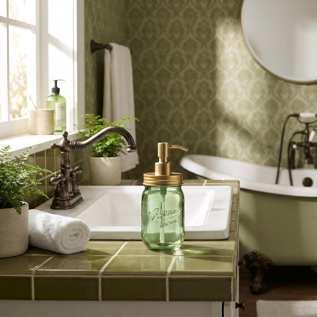 Amolliar Green Glass Mason Jar Liquid Soap Dispenser, 16OZ, Gold 2 Pack