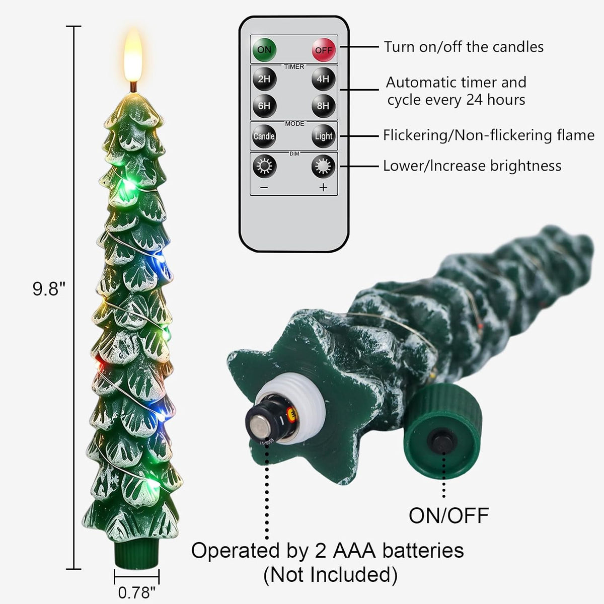 Christmas Tree Flameless Taper Candles Remote Colorful String Lights
