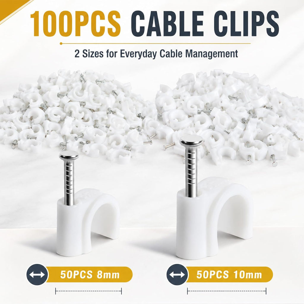 MAQIHAN Cable Clips - 100PCS, 8mm 10mm Wire Staples with Steel Nails, White