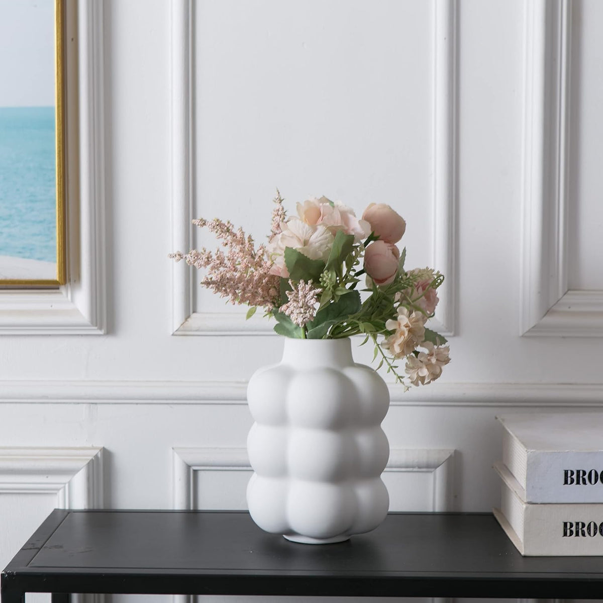 Mowtanco White Ceramic Vase, Modern Small Vase for Centerpiece 6.7" Tall