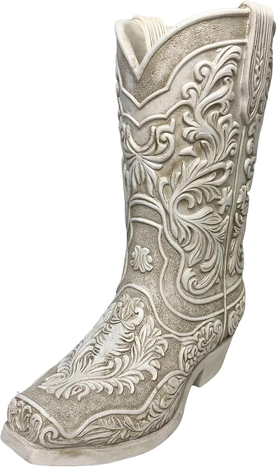 Cowgirl Boot Flower Vase – 9” Tall Antique White Finish with Intricate Tooled Leather Detailing - Decorative Western Cowboy Modern Rustic Decor