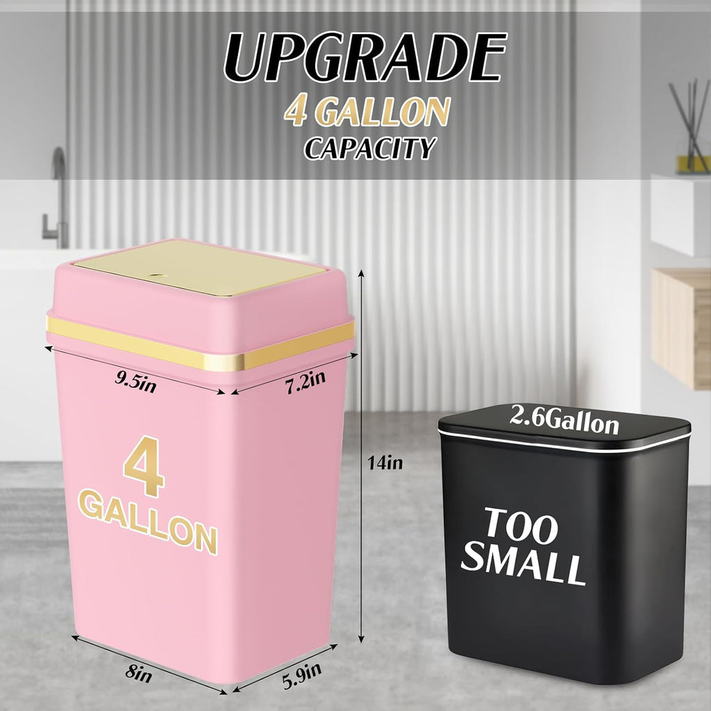 3 Pack Bathroom Trash Can with Lid 4 Gallon Small Trash Can with Press Top Lid Bathroom Garbage Can with 150 Counts Trash Bags for Kitchen Bedroom Office(White Pink Green)