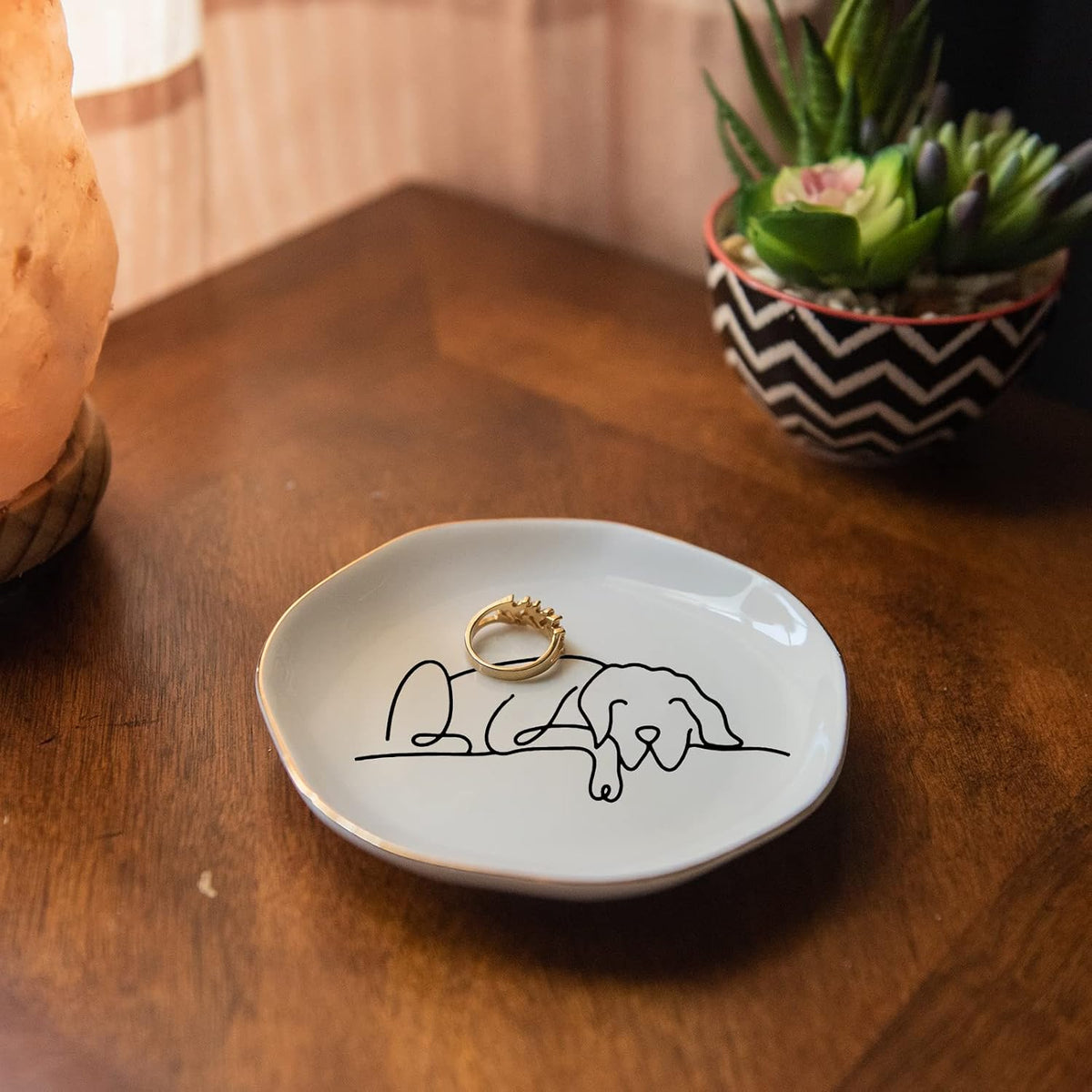 HOME SMILE Sleeping Dog Ring Dish Jewelry Tray, Christmas Gifts for Dog Mom, Ceramic White, 4"