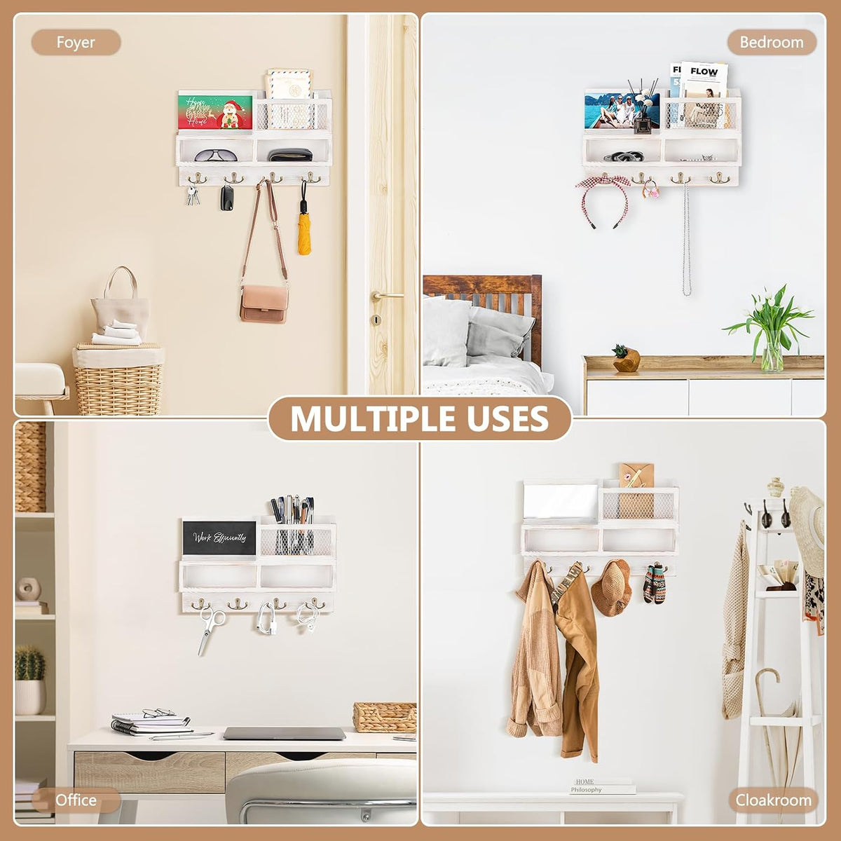 Key Holder Wall Mount, Wooden Mail and Key Organizer, White