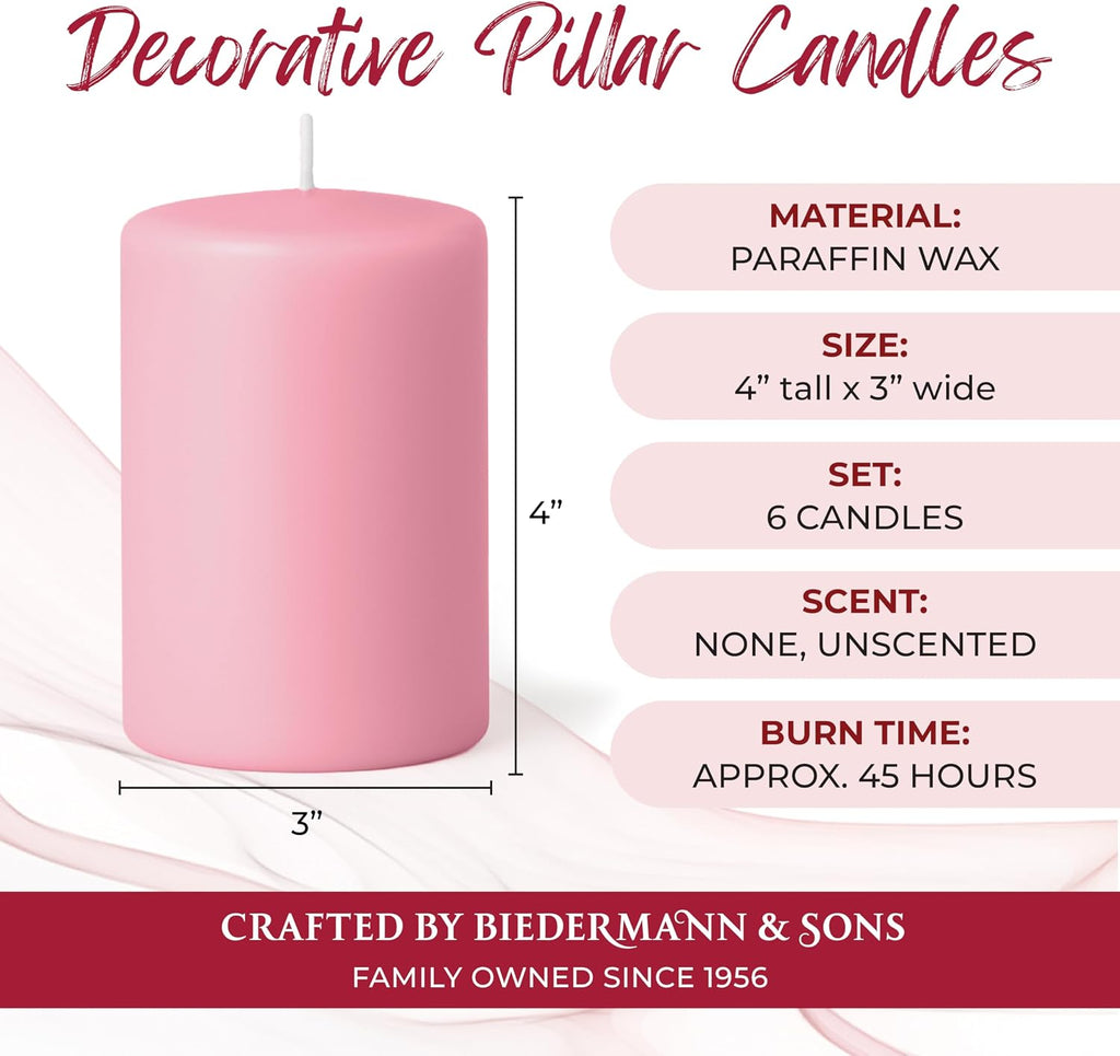 Biedermann & Sons Dusty Rose Pillar Candles (6 Pack), 4 Inch Tall 3 Inch Wide Round, Unscented Paraffin Wax, Approx 40 to 45 Hour Burn, Dripless Candles for Table Decor and Events