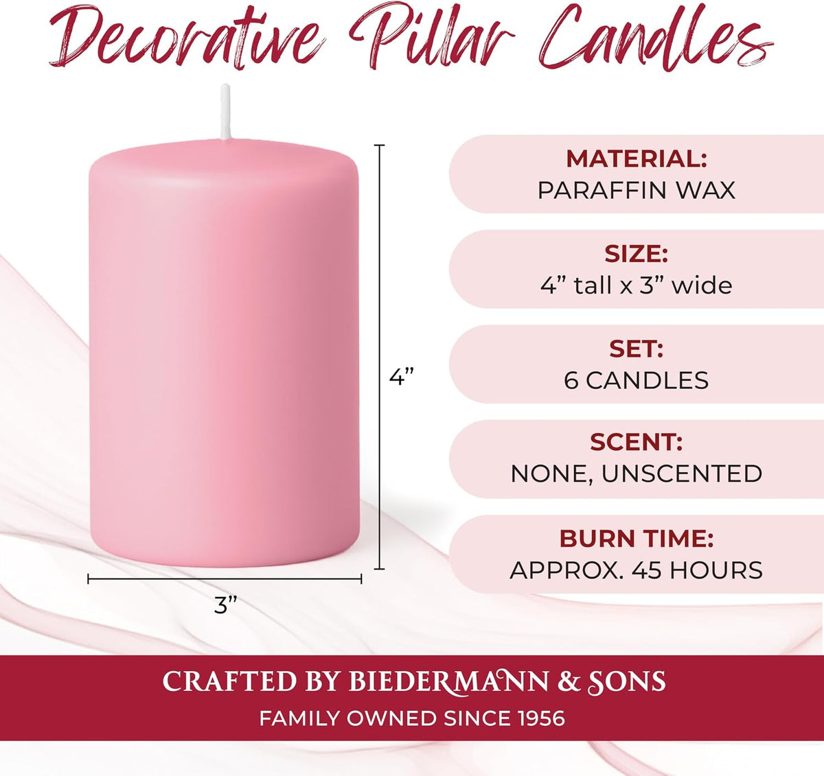Biedermann & Sons Dusty Rose Pillar Candles (6 Pack), 4 Inch Tall 3 Inch Wide Round, Unscented Paraffin Wax, Approx 40 to 45 Hour Burn, Dripless Candles for Table Decor and Events