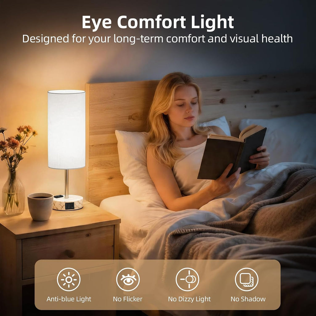 Table Lamp, Dimmable Touch, AC Outlet, USB A+C (White&Marble)