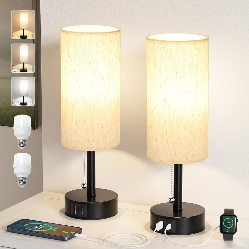 Fenmzee Cream Bedside Table Lamps Set of 2 - Bedroom Lamp for Desk, USB C+A