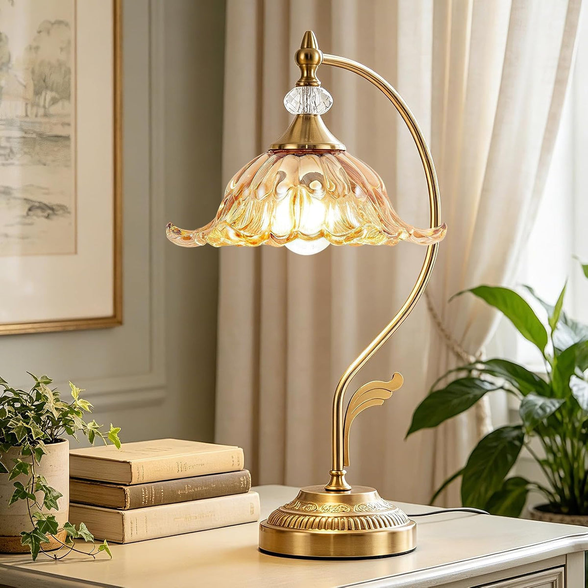 Vintage Floral Table Lamp, Plug in Mid-Century Modern Desk Lamp with Amber Glass Shade, Gold Bedside Table Lamp Dimmable for Bedroom Living Room Home Office, E26 Base, UL Listed