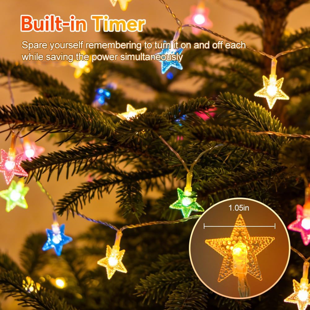 RaThun 65.6ft Star String Lights with Remote, Multicolor & Warm White