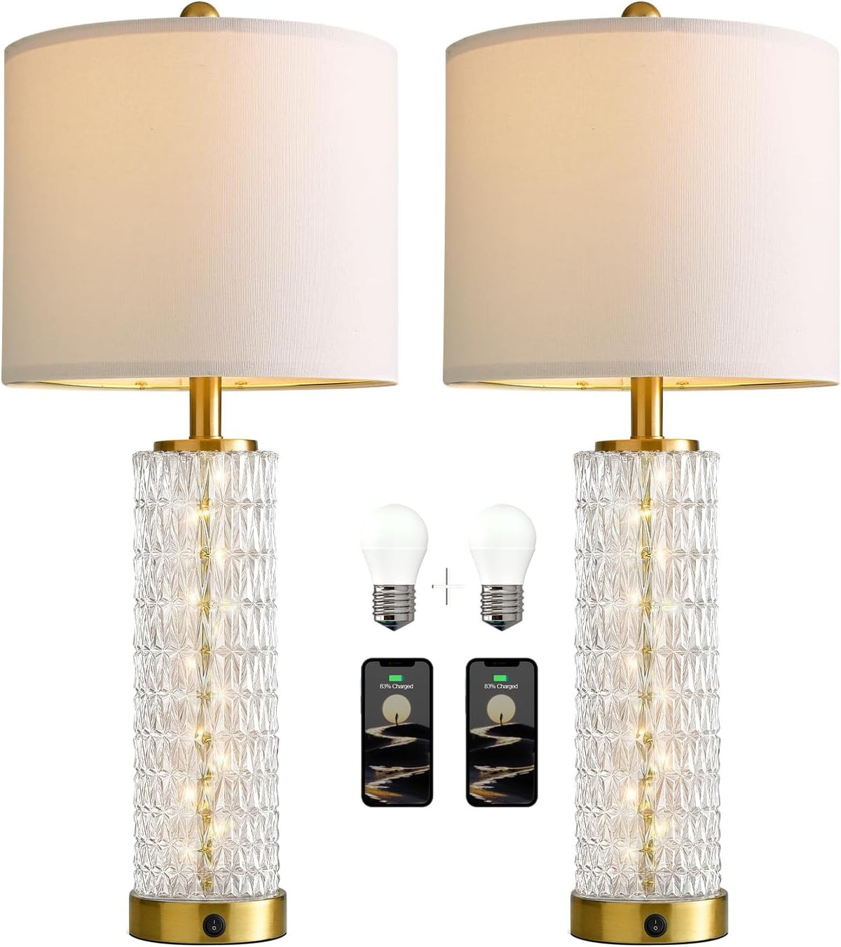 Oneach 27.75" Gold Table Lamps Set of 2 with Crystal Nightlight for Bedside
