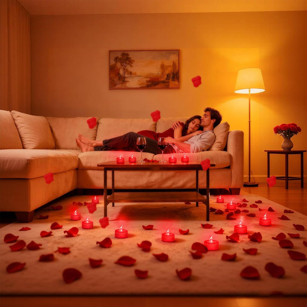 500 Pcs Red Rose Petals with 12 Red LED Tea Lights Candles Set, Artificial Rose Petals and Flameless Candles Set for Anniversary, Valentine's Day, Wedding Christmas Decor