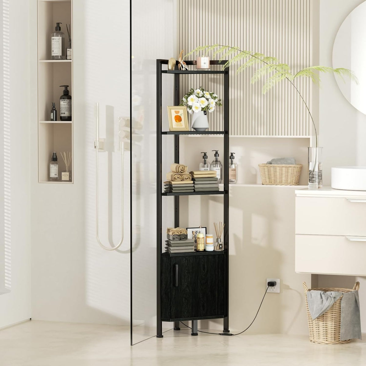 Furnulem 5-Tier Corner Shelf with LED Light,Black Corner Cabinet with Doors