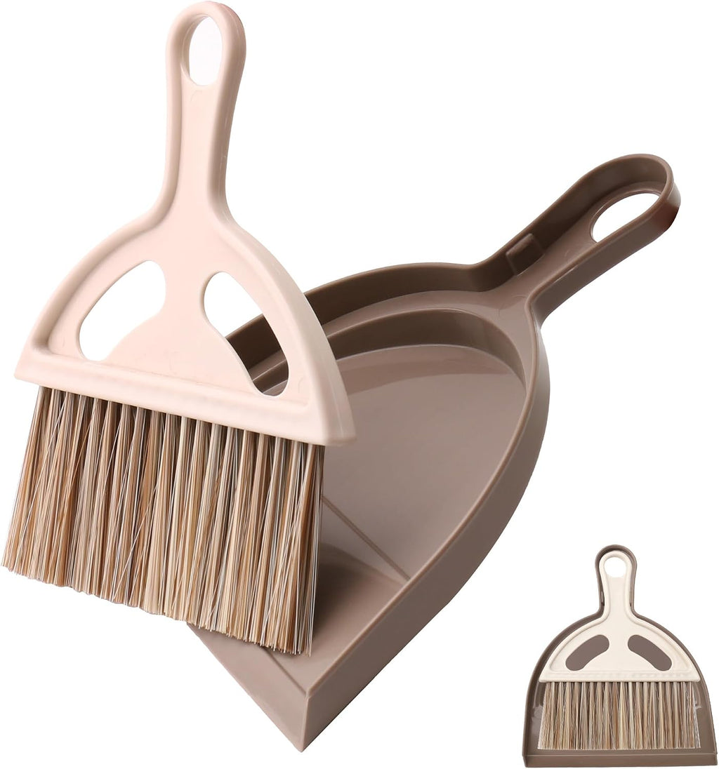 Mini Broom and Dustpan Set, Compact Hand Brush Dust Pan Combo for Desk, Keyboard, Car Interior, Countertop, Cat Litter, Small Space Cleaning, Brown