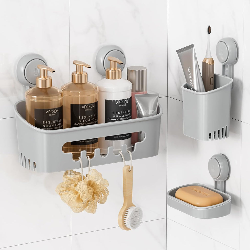 LEVERLOC Shower Caddy Suction Cup Set Shower Organizer & Soap Holder, Grey