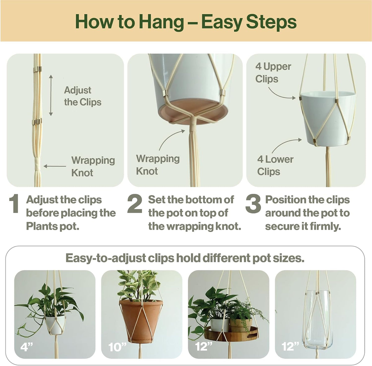 Macrame Plant Hanger Polyester Rope 42 Inch Outdoor Indoor Adjustable Hanging Planter for up to 10 Inch Plant Pot Modern Boho Home Decor (1, Ivory/Light Gold)