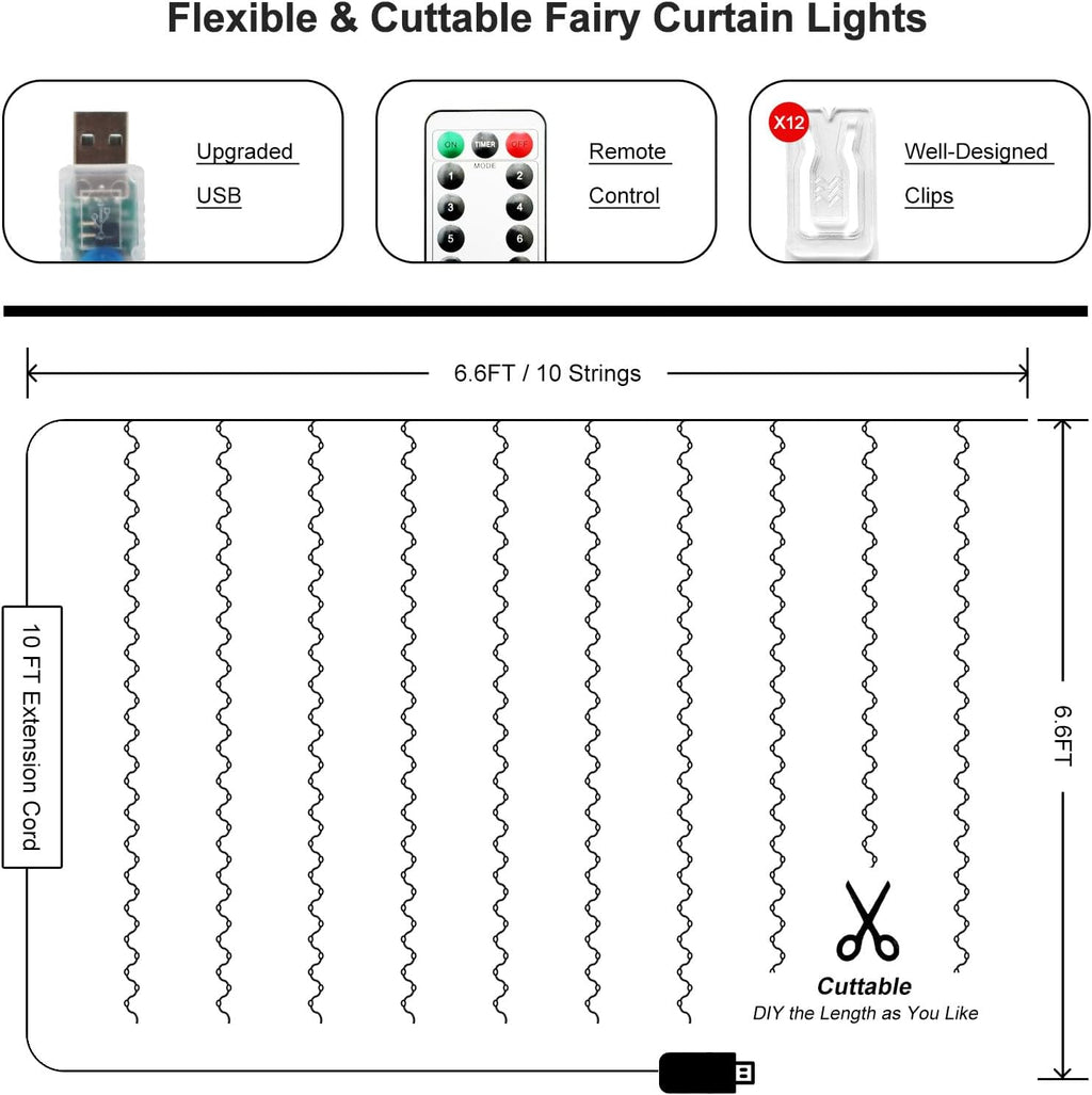 200 LED Fairy Curtain Lights, 6.6 x 6.6 FT Warm White USB Plug in 8 Modes Hanging Lights with Remote for Christmas, Bedroom, Indoor, Outdoor, Weddings, Party (Warm White)